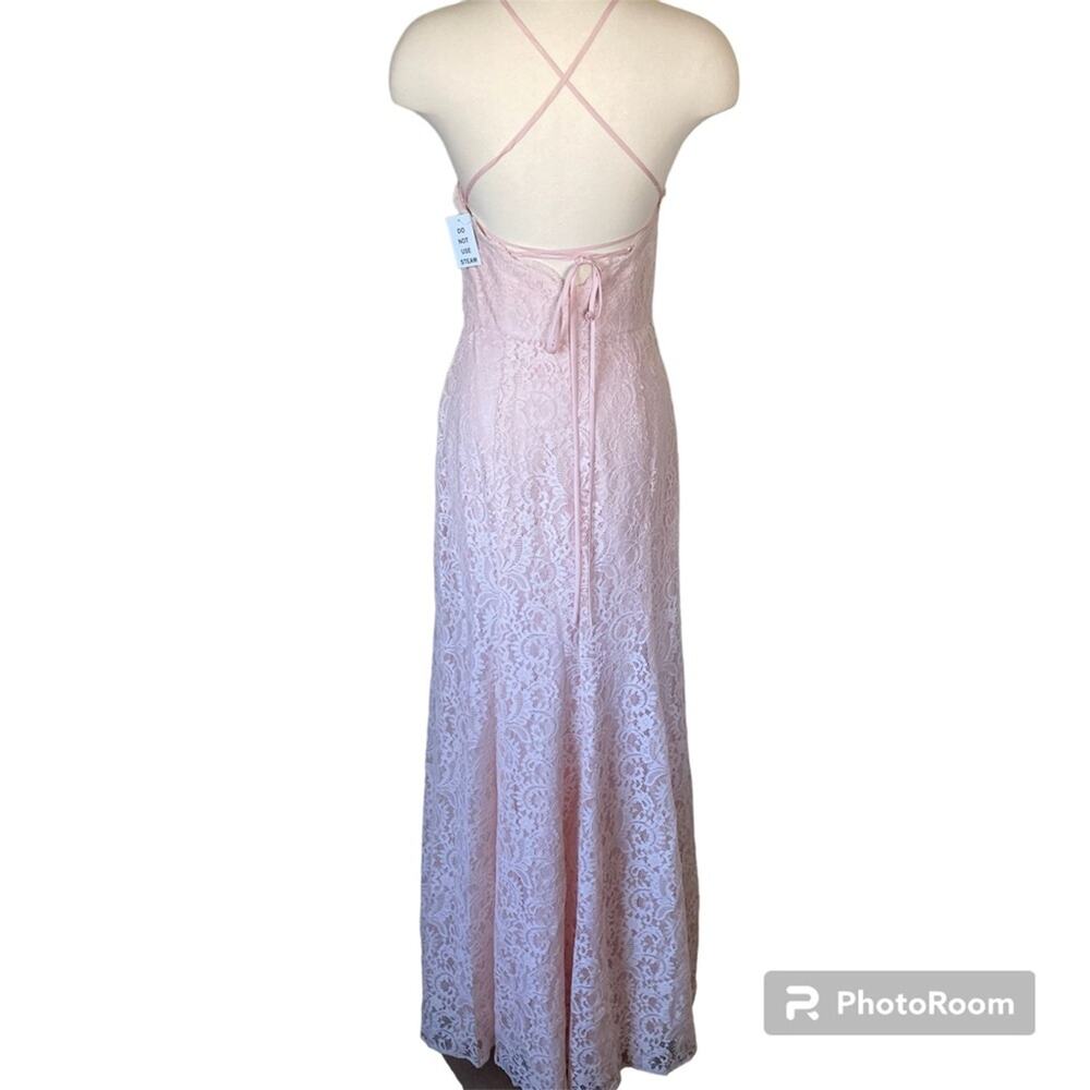 Dessy Collection NWT Halter Cross Back Marquis Lace Trumpet Blush Dress Size 12 - Picture 2 of 7